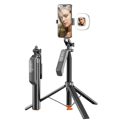 T02TK Selfie Stick Tripod with Single Removable Rotating Square Light 360 Degrees Rotation Remote Control Phone Tripod Stand - 1