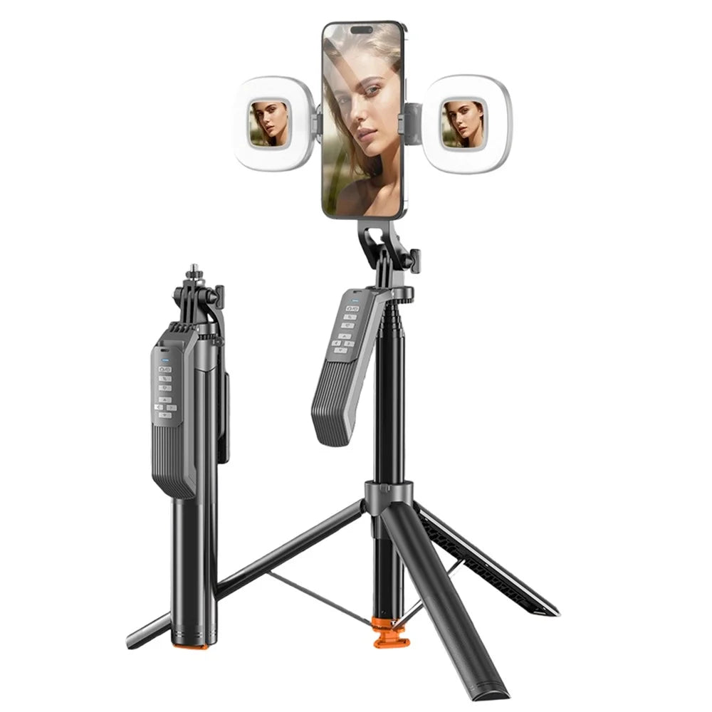 T02TK Multi-axis Rotation Selfie Stick Tripod with 2Pcs Removable Rotating Square Lights Bluetooth-compatible 5.2 Remote Control Touch Phone Tripod Stand - 1