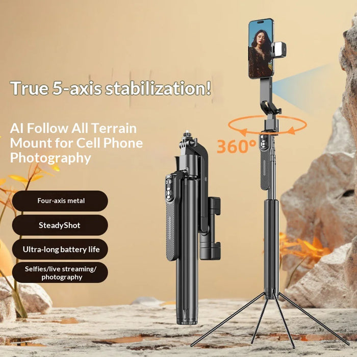 FUNSNAP A8 AI Tracking Phone Tripod 1.9m Extendable 4-Leg Stand for Live Streaming Video Recording (without Fill Light) - Black - 2