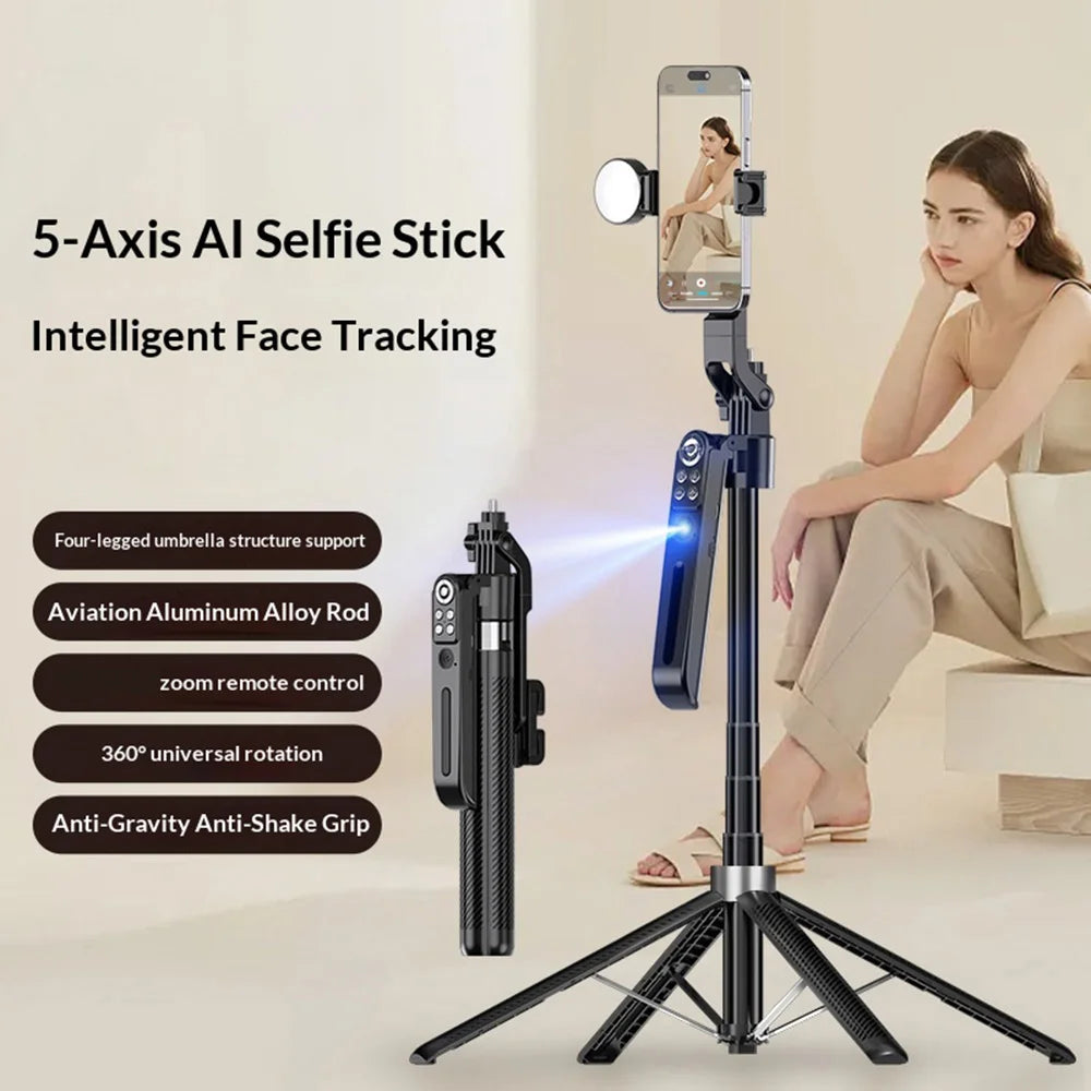 FUNSNAP A16 1.8m Extendable AI Face Tracking Selfie Stick 360 Degree Panoramic Tripod with Remote (without Fill Light) - Black - 2