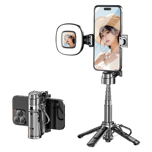 P25Y Mini Portable Selfie Stick with Single Square Fill Light Bluetooth-compatible Remote Tripod Stand Telescopic Phone Holder for Photography - Black - 1