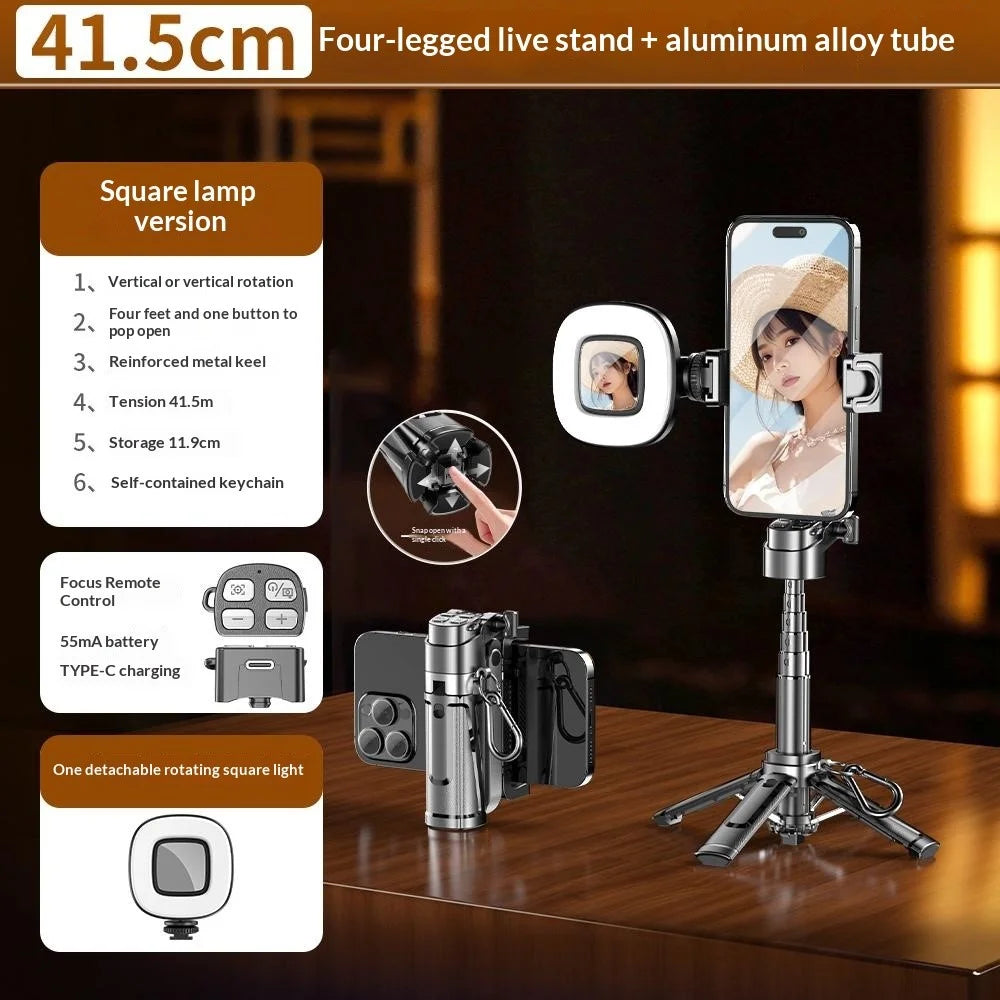 P25Y Mini Portable Selfie Stick with Single Square Fill Light Bluetooth-compatible Remote Tripod Stand Telescopic Phone Holder for Photography - Black - 2