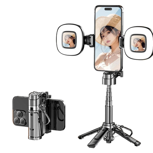 P25Y Mini Portable Selfie Stick with 2Pcs Square Fill Lights Bluetooth-compatible Remote Tripod Stand Telescopic Phone Holder for Photography - Black - 1