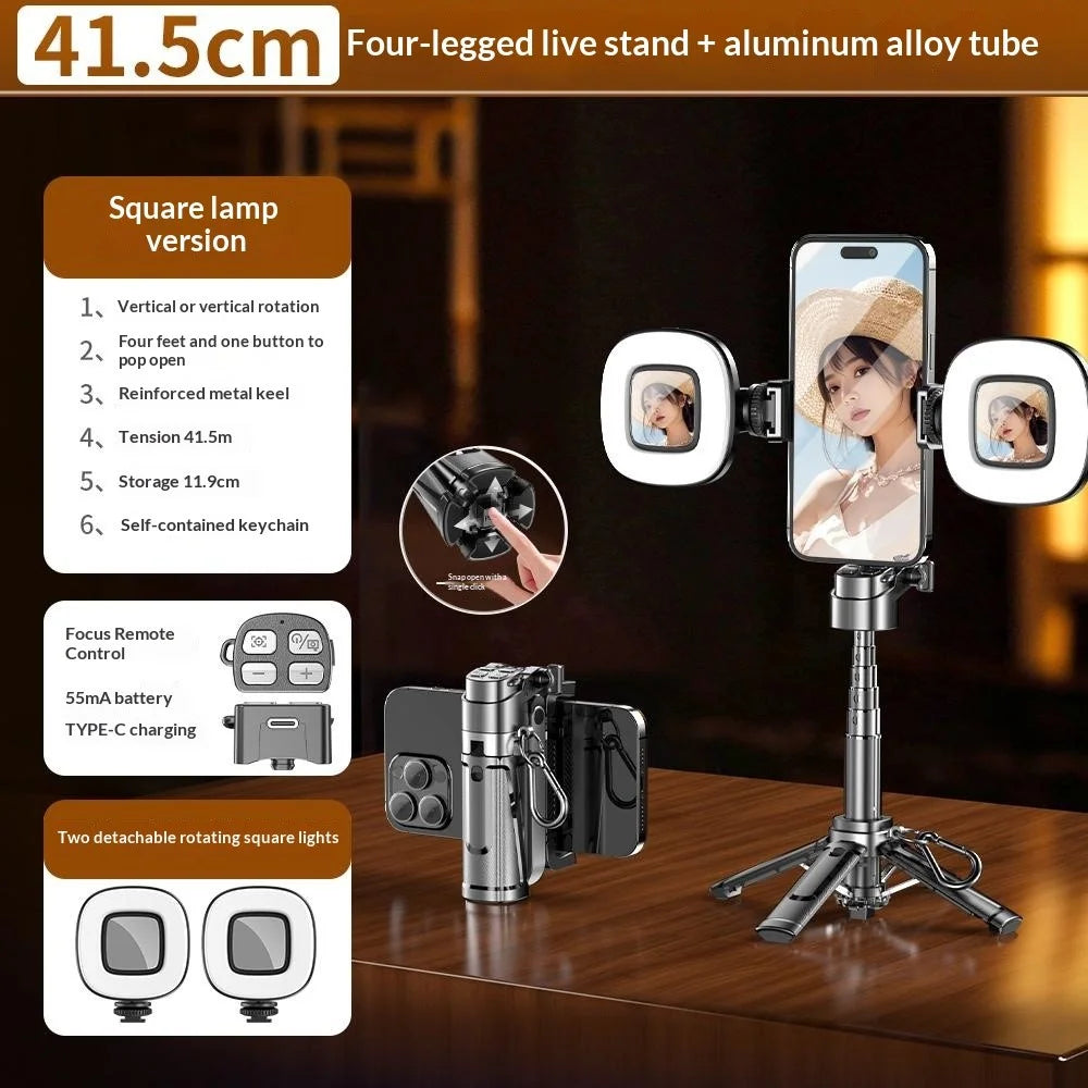 P25Y Mini Portable Selfie Stick with 2Pcs Square Fill Lights Bluetooth-compatible Remote Tripod Stand Telescopic Phone Holder for Photography - Black - 2