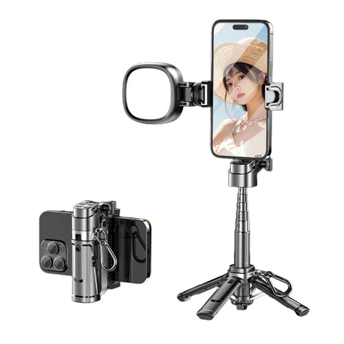 P25Y Mini Portable Selfie Stick with Single Pocket Fill Light Bluetooth-compatible Remote Tripod Stand Telescopic Phone Holder for Photography - Black - 1