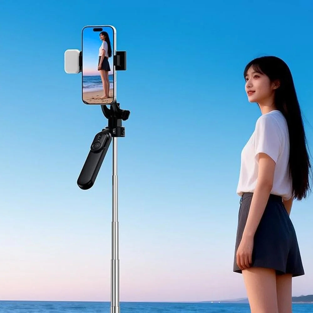 X2 Bluetooth-compatible Selfie Stick Tripod with Remote Control & Single Fill Light 1.3m Extendable 4-Axis Stabilization Phone Holder for Live Streaming - Black - 3