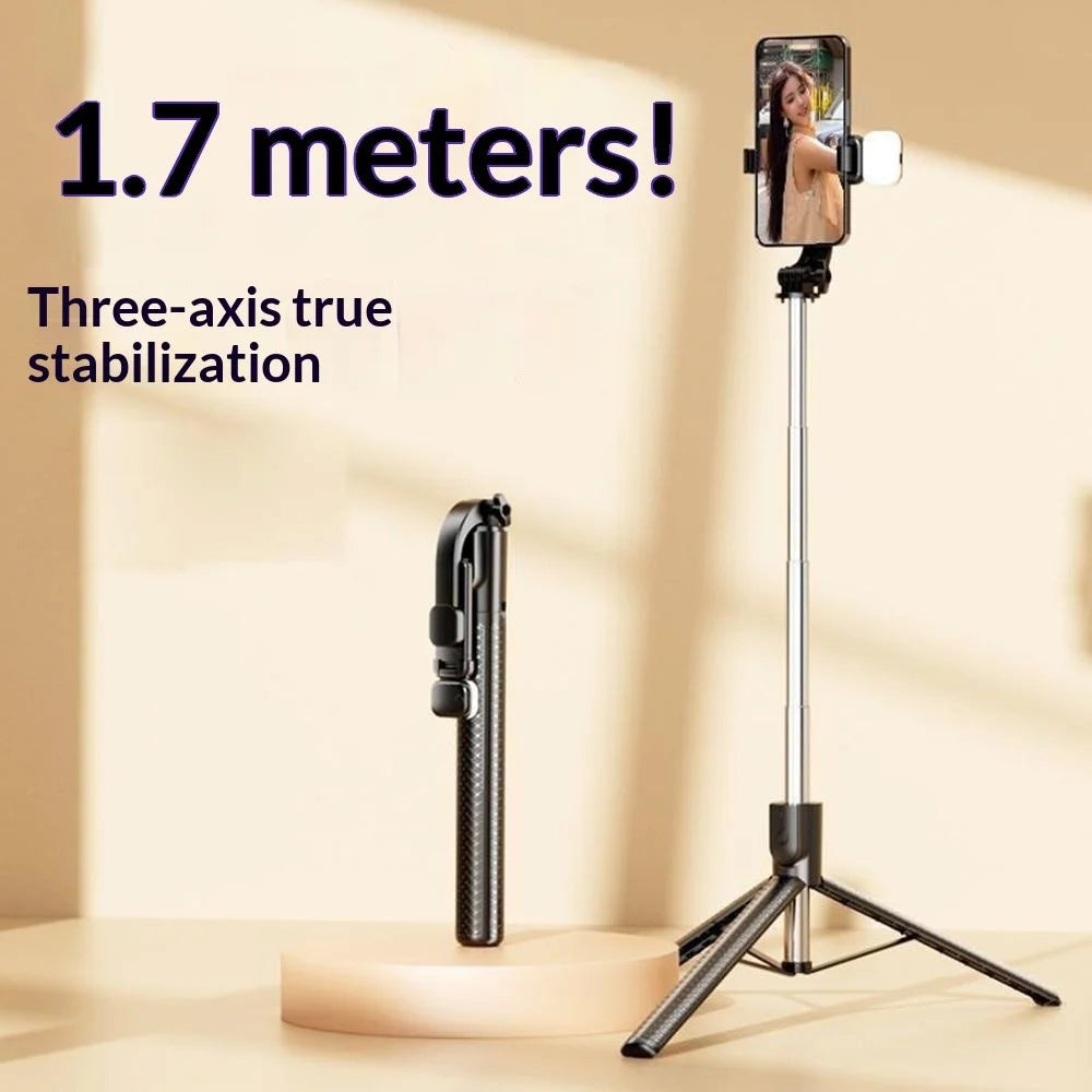 S6 Bluetooth-compatible Selfie Stick 3-Axis Stabilization 1.7m Extendable Tripod Phone Holder with Remote Control for Photography Live Streaming - Black - 3