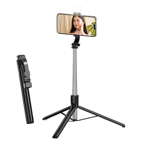 S6 Bluetooth-compatible Remote Control Selfie Stick with LED Fill Light 3-Axis Stabilization 1.7m Extendable Tripod Phone Holder with for Photography Live Streaming - Black - 1