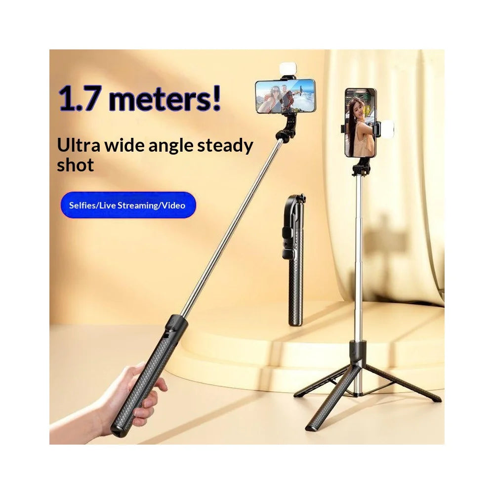 S6 Bluetooth-compatible Remote Control Selfie Stick with LED Fill Light 3-Axis Stabilization 1.7m Extendable Tripod Phone Holder with for Photography Live Streaming - Black - 2