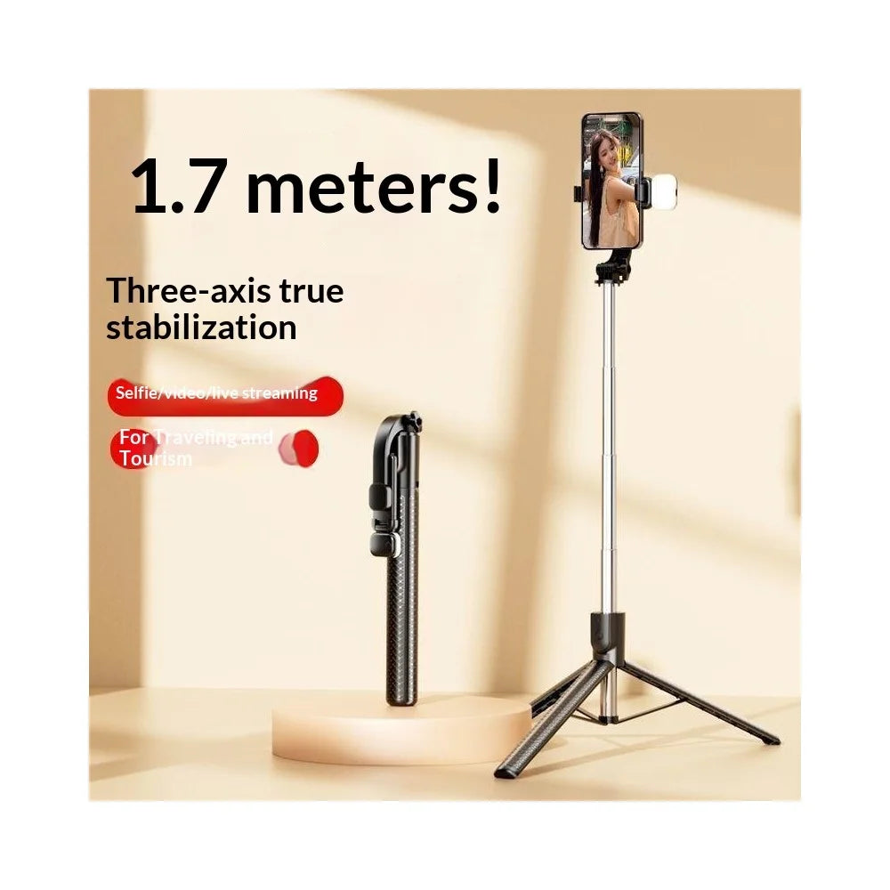 S6 Bluetooth-compatible Remote Control Selfie Stick with LED Fill Light 3-Axis Stabilization 1.7m Extendable Tripod Phone Holder with for Photography Live Streaming - Black - 3