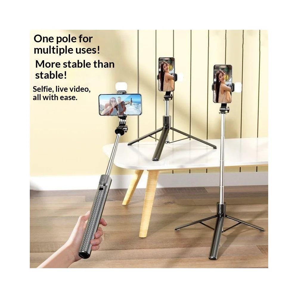S6 Bluetooth-compatible Remote Control Selfie Stick with LED Fill Light 3-Axis Stabilization 1.7m Extendable Tripod Phone Holder with for Photography Live Streaming - Black - 4