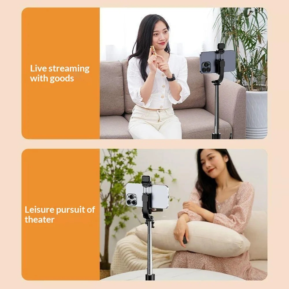 S6 Bluetooth-compatible Remote Control Selfie Stick with LED Fill Light 3-Axis Stabilization 1.7m Extendable Tripod Phone Holder with for Photography Live Streaming - Black - 7