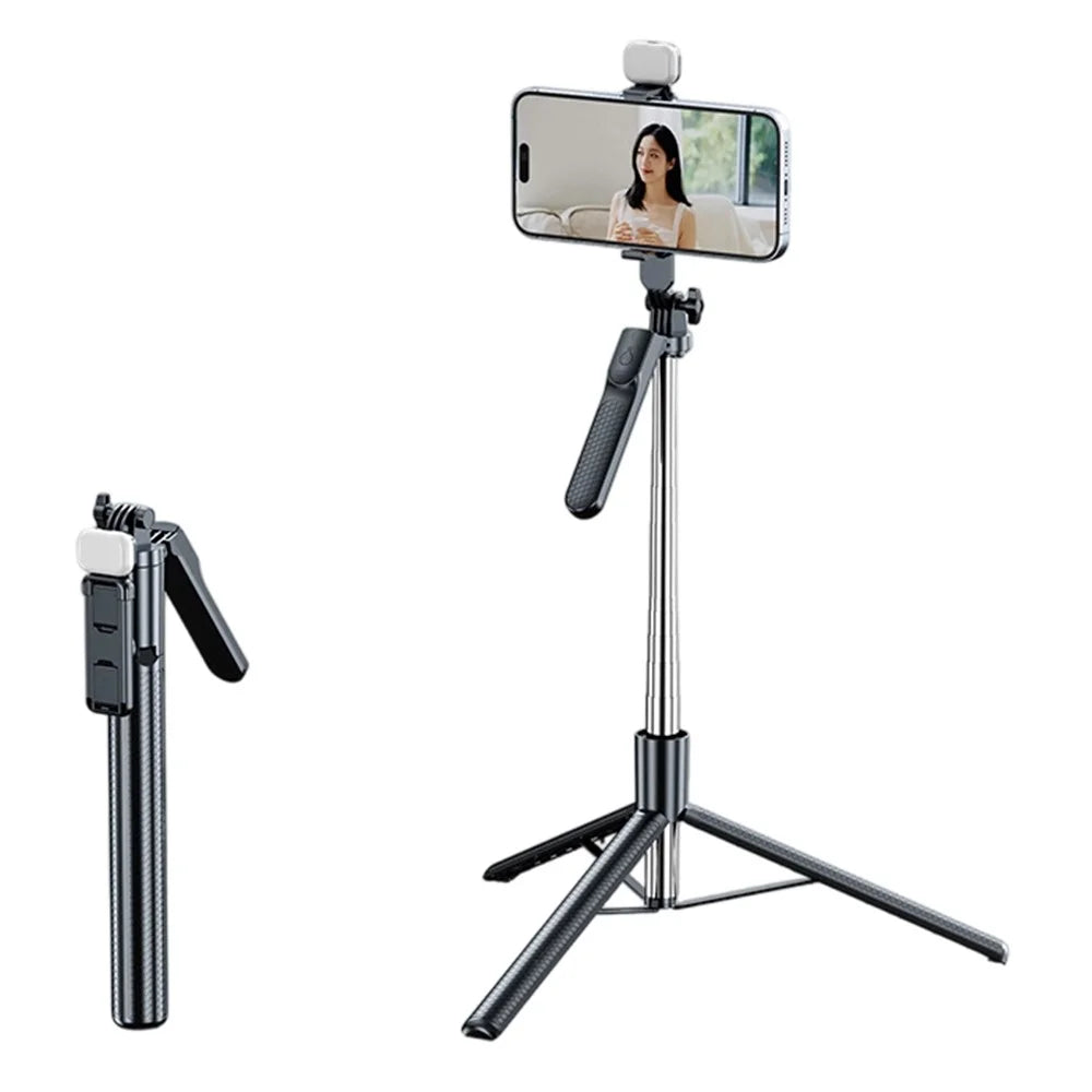 S7 Portable Bluetooth-compatible Remote Control Selfie Stick with Single Fill Light 1.7m Extendable Tripod Stand 4-Axis Anti-Shake Gimbal Phone Holder for Live Streaming Photography - Black - 1