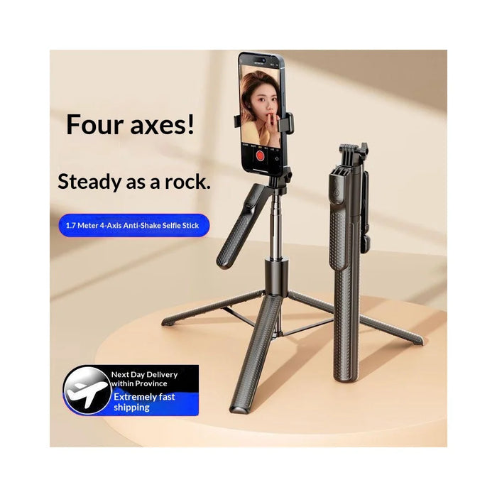 S7 Portable Bluetooth-compatible Remote Control Selfie Stick with Single Fill Light 1.7m Extendable Tripod Stand 4-Axis Anti-Shake Gimbal Phone Holder for Live Streaming Photography - Black - 2