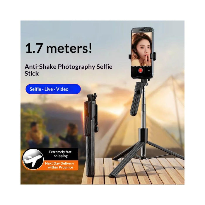S7 Portable Bluetooth-compatible Remote Control Selfie Stick with Single Fill Light 1.7m Extendable Tripod Stand 4-Axis Anti-Shake Gimbal Phone Holder for Live Streaming Photography - Black - 3