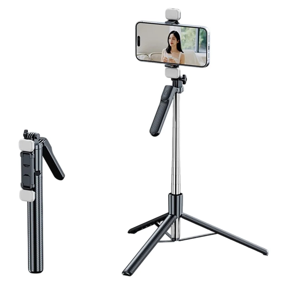 S7 Portable Bluetooth-compatible Remote Control Selfie Stick with 2Pcs Fill Lights 1.7m Extendable Tripod Stand 4-Axis Anti-Shake Gimbal Phone Holder for Live Streaming Photography - Black - 1