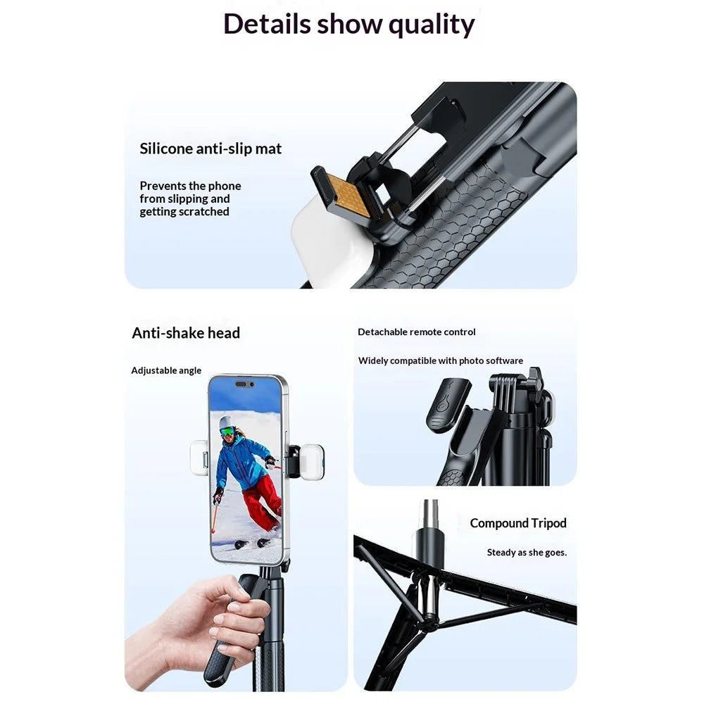 S7 Portable Bluetooth-compatible Remote Control Selfie Stick with 2Pcs Fill Lights 1.7m Extendable Tripod Stand 4-Axis Anti-Shake Gimbal Phone Holder for Live Streaming Photography - Black - 7