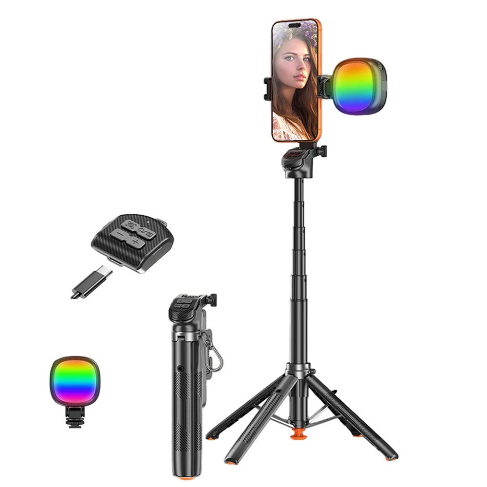 T35 Auto Pop-Up Extendable Tripod with RGB Fill Light Anti-shake Phone Holder Bluetooth-compatible Selfie Stick - Black - 1