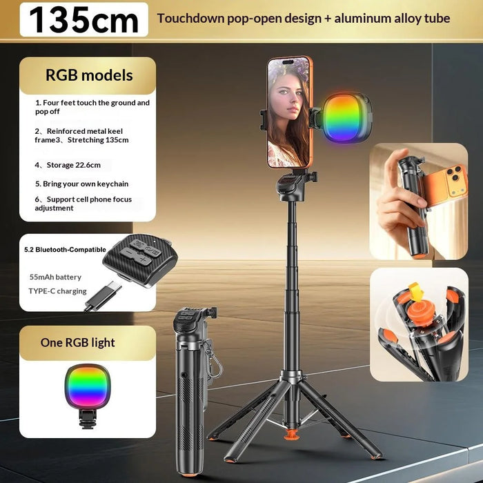 T35 Auto Pop-Up Extendable Tripod with RGB Fill Light Anti-shake Phone Holder Bluetooth-compatible Selfie Stick - Black - 2