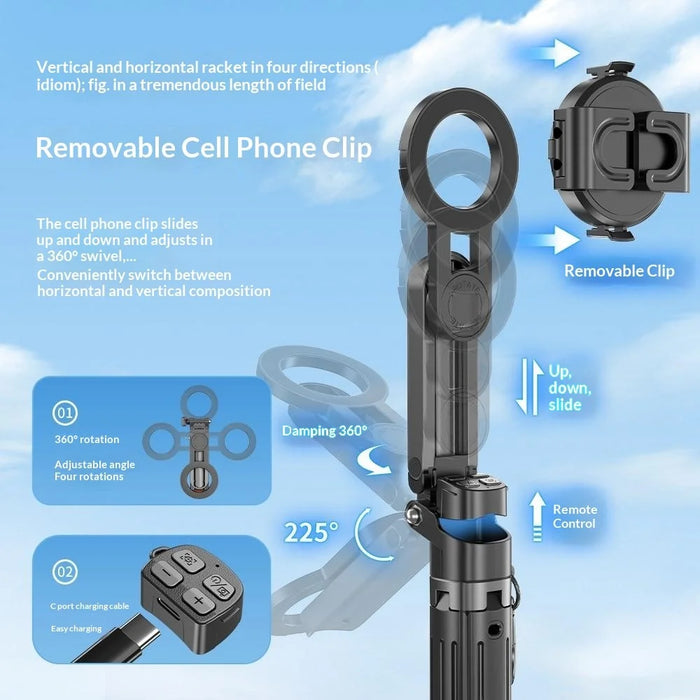 T13Y-C Magnetic Phone Holder Auto Pop-Up Tripod Extendable Selfie Stick with Bluetooth-compatible Remote for Photography - Black - 6