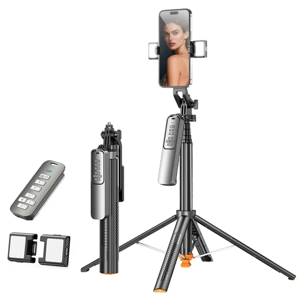 T05TK Bluetooth-compatible Tripod Selfie Stick with V2 Fill Lights Auto-Open Gimbal Stabilizer Remote Control Phone Stand for Photography - Black - 1