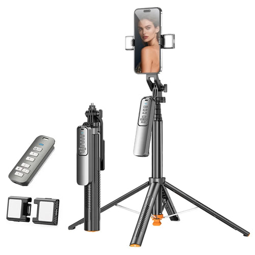 T05TK Bluetooth-compatible Tripod Selfie Stick with V2 Fill Lights Auto-Open Gimbal Stabilizer Remote Control Phone Stand for Photography - Black - 1