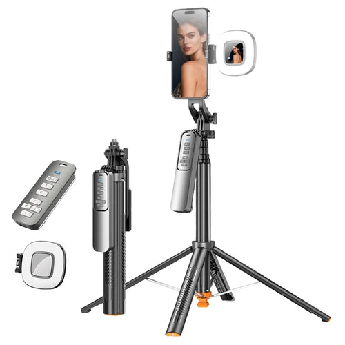 T05TK Bluetooth-compatible Tripod Selfie Stick with F1 Fill Light Auto-Open Gimbal Stabilizer Remote Control Phone Stand for Photography - Black - 1