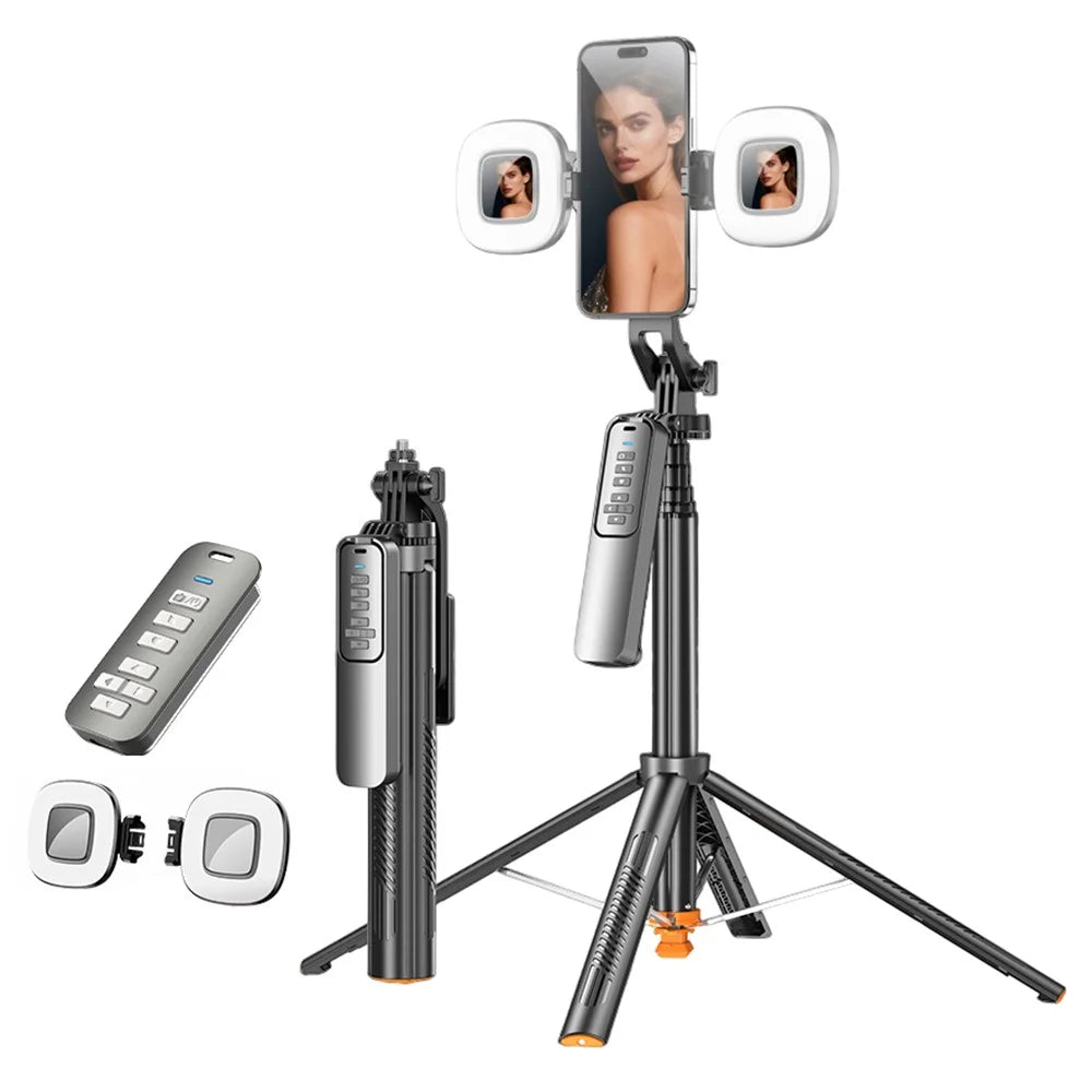 T05TK Bluetooth-compatible Tripod Selfie Stick with F2 Fill Lights Auto-Open Gimbal Stabilizer Remote Control Phone Stand for Photography - Black - 1