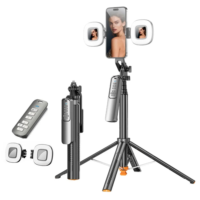 T05TK Bluetooth-compatible Tripod Selfie Stick with F2 Fill Lights Auto-Open Gimbal Stabilizer Remote Control Phone Stand for Photography - Black - 1
