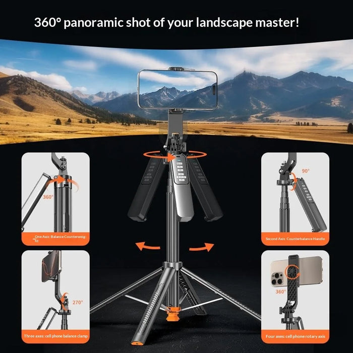 T05TK Bluetooth-compatible Tripod Selfie Stick with F2 Fill Lights Auto-Open Gimbal Stabilizer Remote Control Phone Stand for Photography - Black - 6