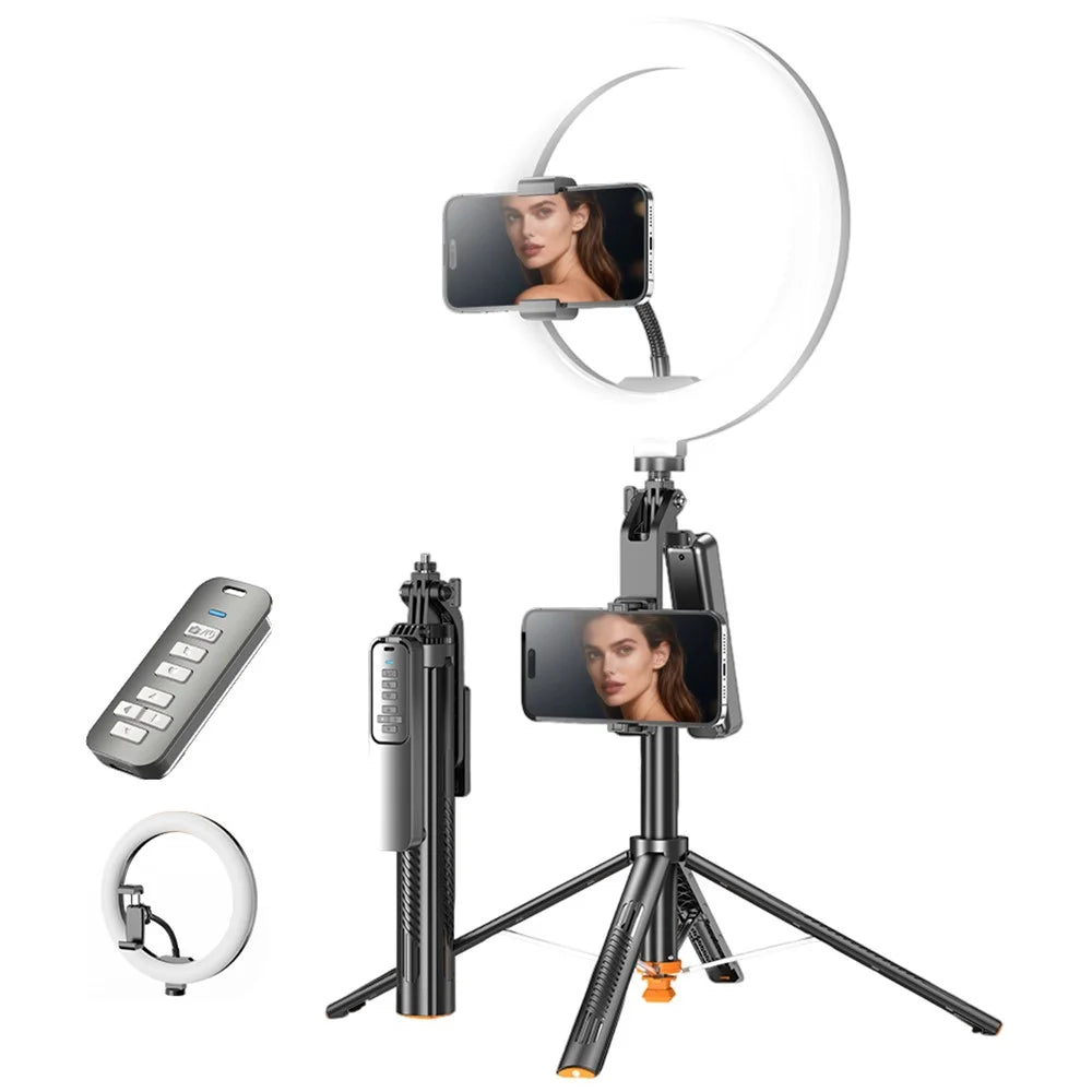 T05TK Bluetooth-compatible Tripod Selfie Stick with 10 Inch Round Fill Light Auto-Open Gimbal Stabilizer Remote Control Phone Stand for Photography - 1