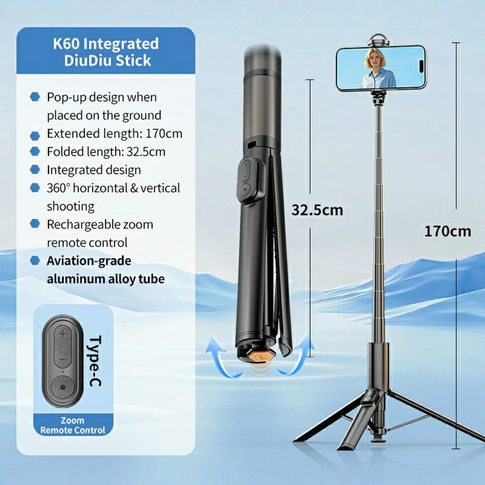 K60 Portable Selfie Stick Tripod Stand 170cm Extendable Bluetooth-compatible Remote Control Aluminum Alloy Phone Holder for Photography - Black - 2