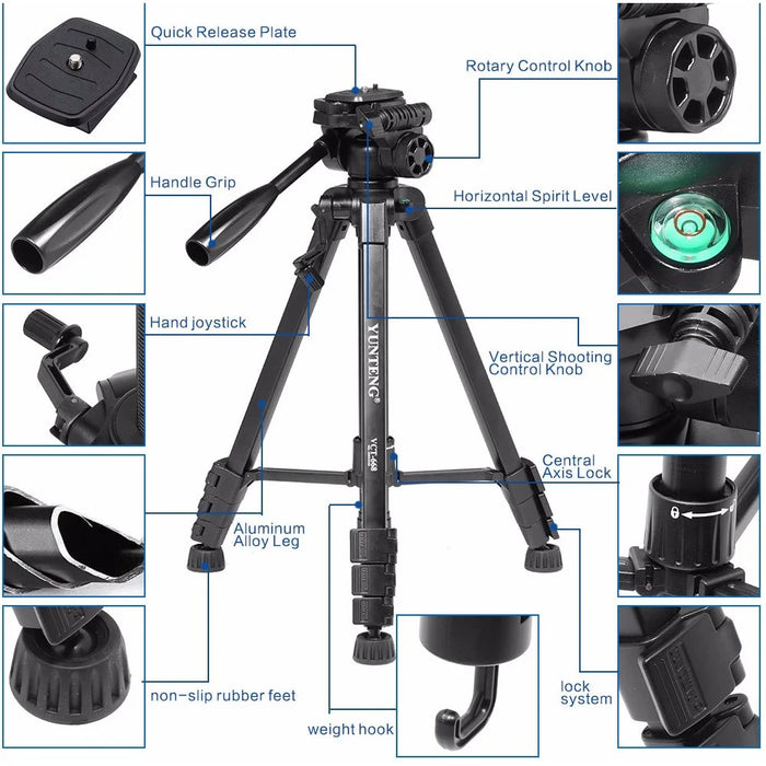 YUNTENG VCT-668 Professional Portable Aluminum Alloy Tripod Stand Extendable Photography Tripod with Gimbal Stabilizer for SLR/Mobile Phones - 4