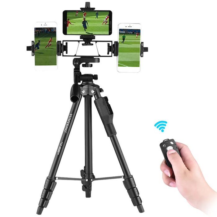 YUNTENG VCT-6808 Multifunctional Mobile Phone Tripod Stand 4 Sections Adjustable Tripod with 3 Mobile Phone Holders/Ball Gimbal/Remote Control - 1