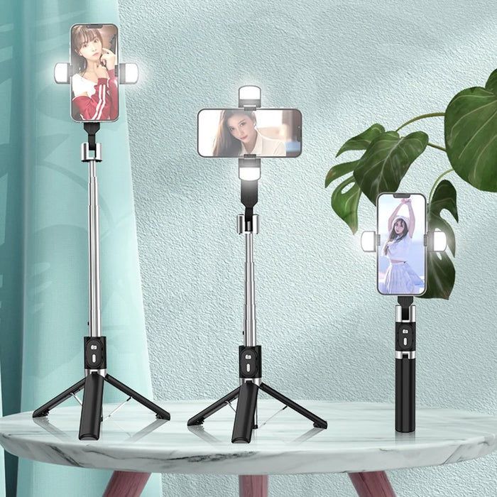 P60PRO Extendable Selfie Stick with Dual Fill Lights and Wireless Bluetooth-compatible Remote Control Portable 1.1m Tripod Stand- Black - 3