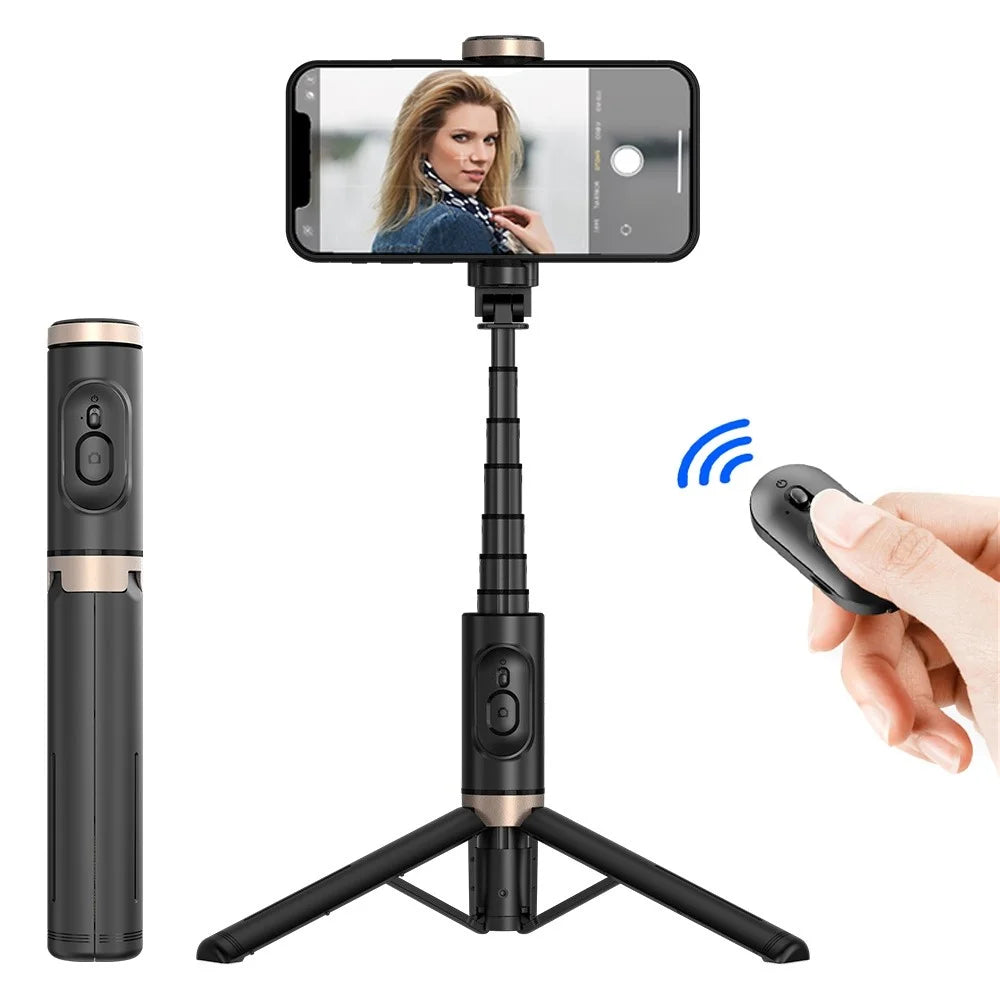 Q12 Bluetooth-compatible Selfie Stick Aluminum Alloy Pole Extendable Phone Tripod Stand with Wireless Remote - Black - 1