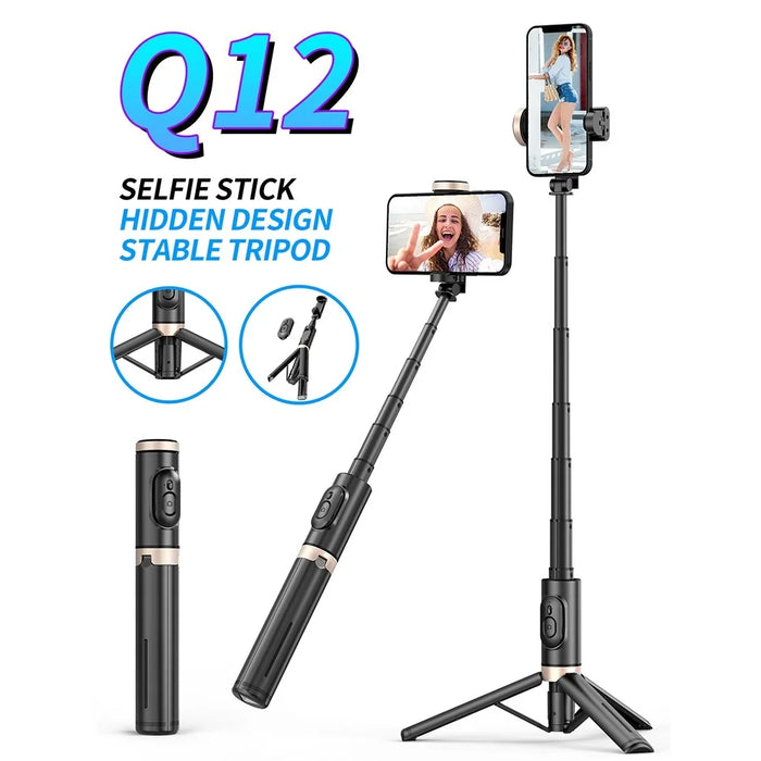 Q12 Bluetooth-compatible Selfie Stick Aluminum Alloy Pole Extendable Phone Tripod Stand with Wireless Remote - Black - 3