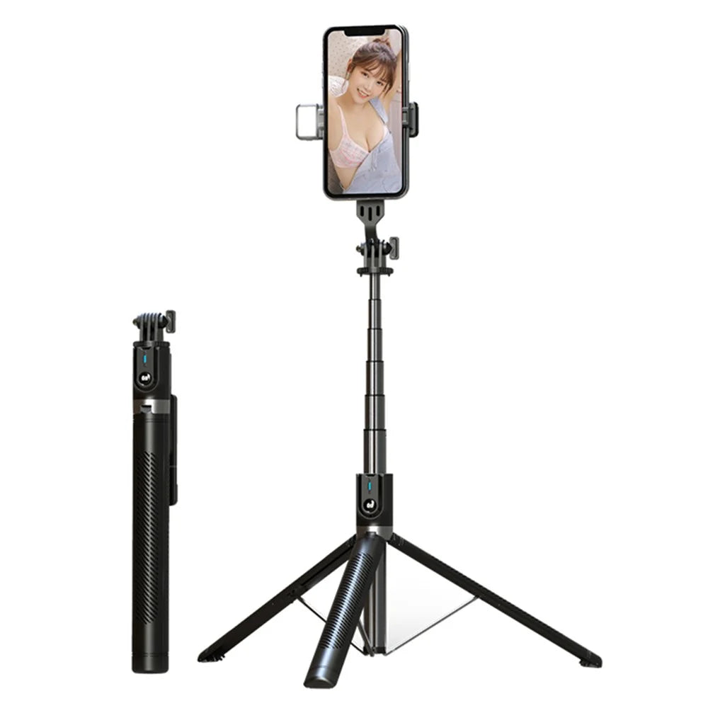 P100D 1.8m Aluminum Alloy Bluetooth-compatible Selfie Stick Portable Tripod Stand Adjustable Phone Holder with Single Fill Light Support 360-Degree Rotating for iPhone Samsung - 1