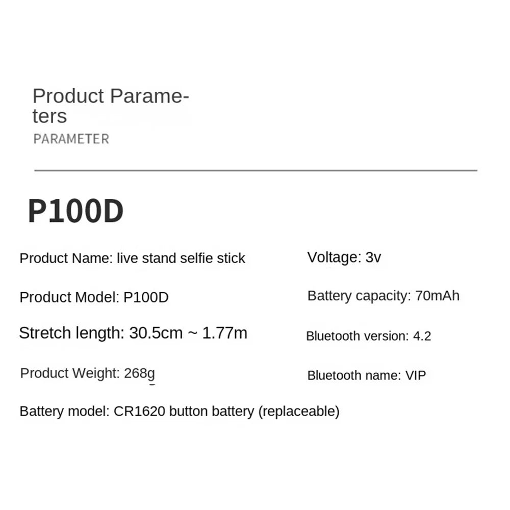 P100D 1.8m Aluminum Alloy Bluetooth-compatible Selfie Stick Portable Tripod Stand Adjustable Phone Holder with Single Fill Light Support 360-Degree Rotating for iPhone Samsung - 7