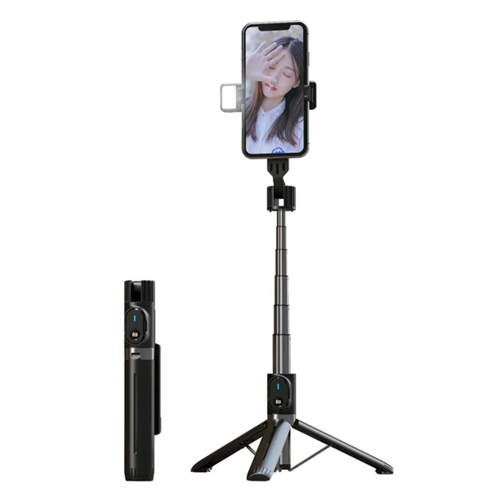 P90D Selfie Stick Phone Clip Holder Wireless Bluetooth-compatible Remote Control Portable 1.1m Tripod Stand with One Fill Light - Black - 1