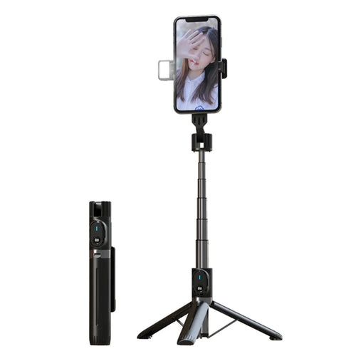 P90D Selfie Stick Phone Clip Holder Wireless Bluetooth-compatible Remote Control Portable 1.1m Tripod Stand with One Fill Light - Black - 1