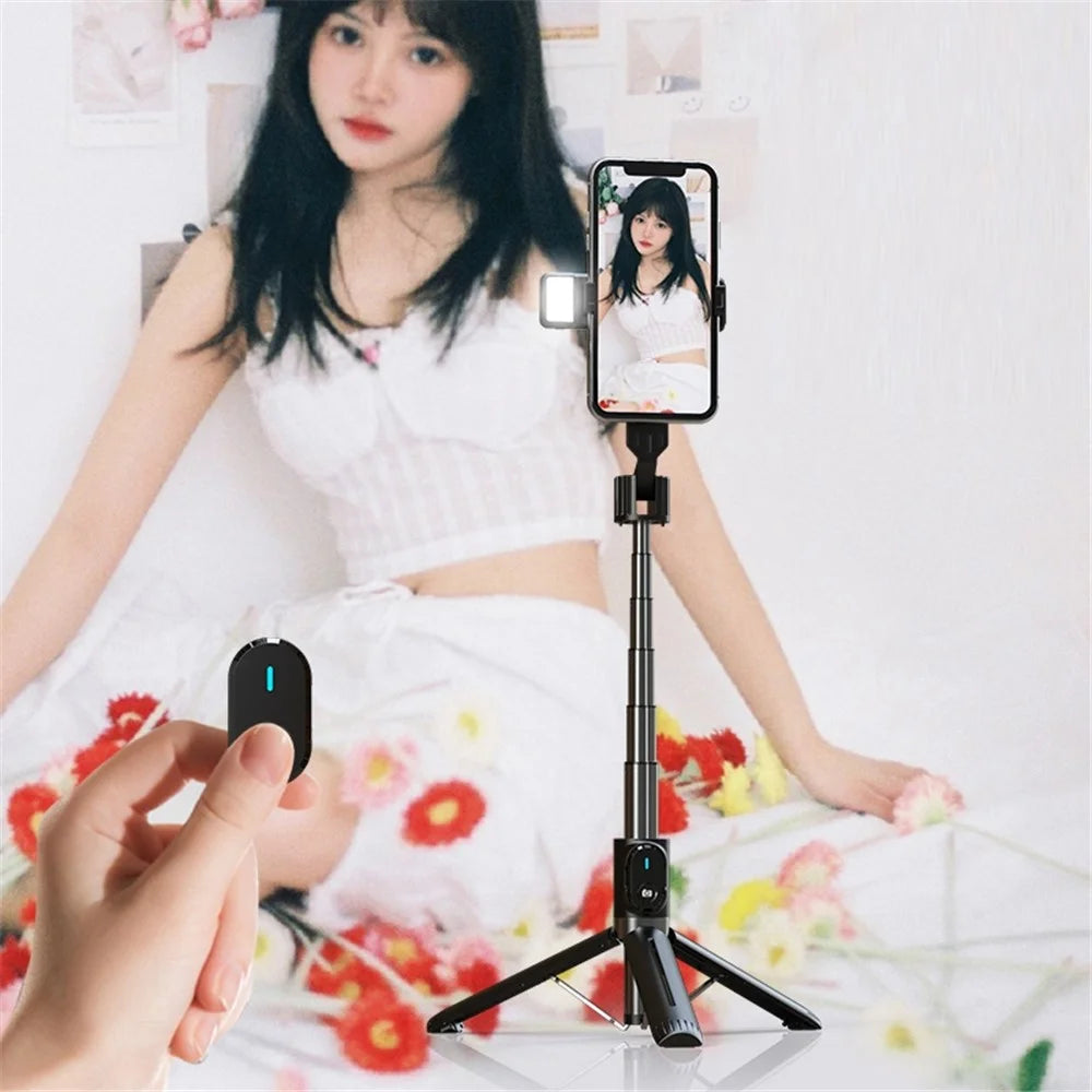 P90D Selfie Stick Phone Clip Holder Wireless Bluetooth-compatible Remote Control Portable 1.1m Tripod Stand with One Fill Light - Black - 4