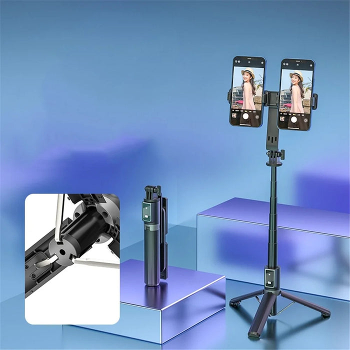 P40L Aluminum Alloy Telescopic Tripod Stand Bluetooth-compatible Remote Control Selfie Stick with Double Phone Holder (No Fill Light) - 3