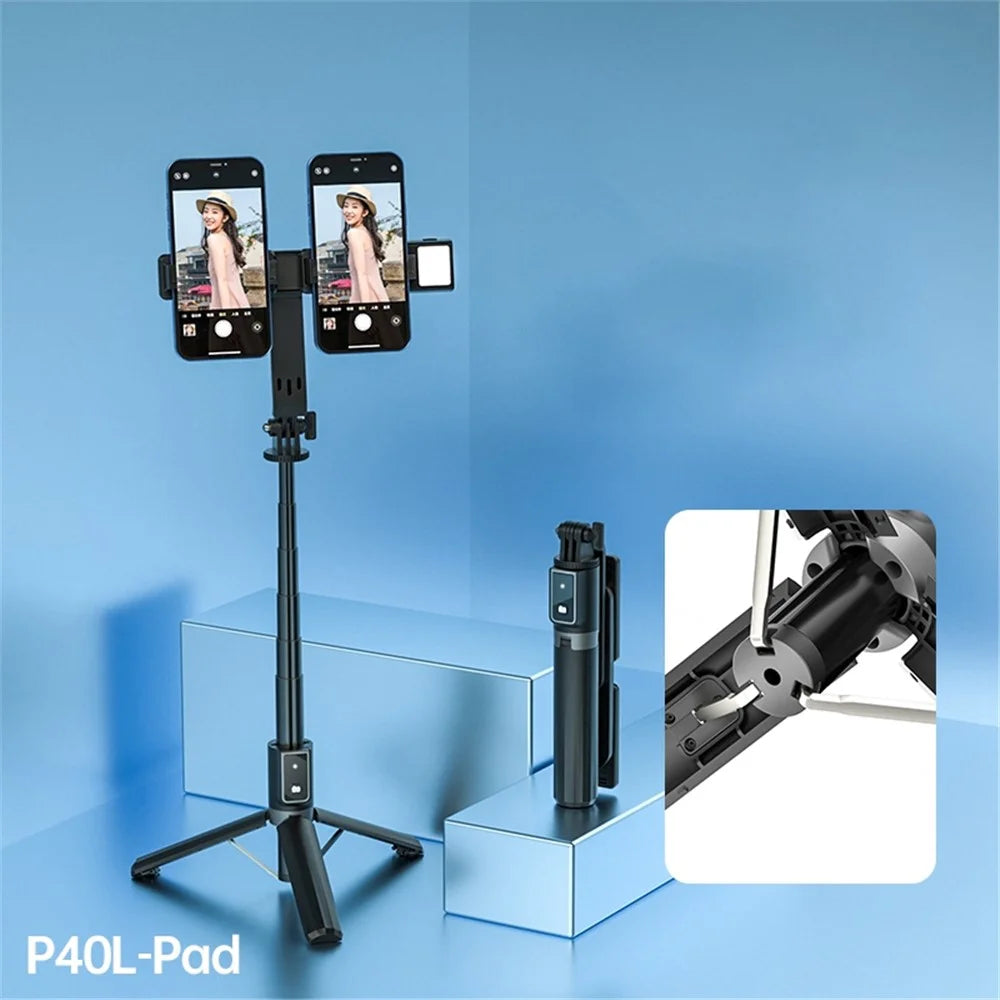 P40L-V1 2-in-1 Telescopic Tripod Stand Bluetooth-compatible Remote Control Selfie Stick with Double Phone Holder (Single Fill Light) - 4