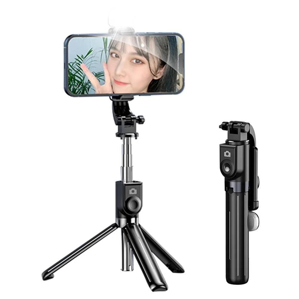 Z11S 103cm Portable Extendable Aluminum Pole Bluetooth-compatible Remote Control Phone Selfie Stick Photography Tripod with Fill Light - Black - 1