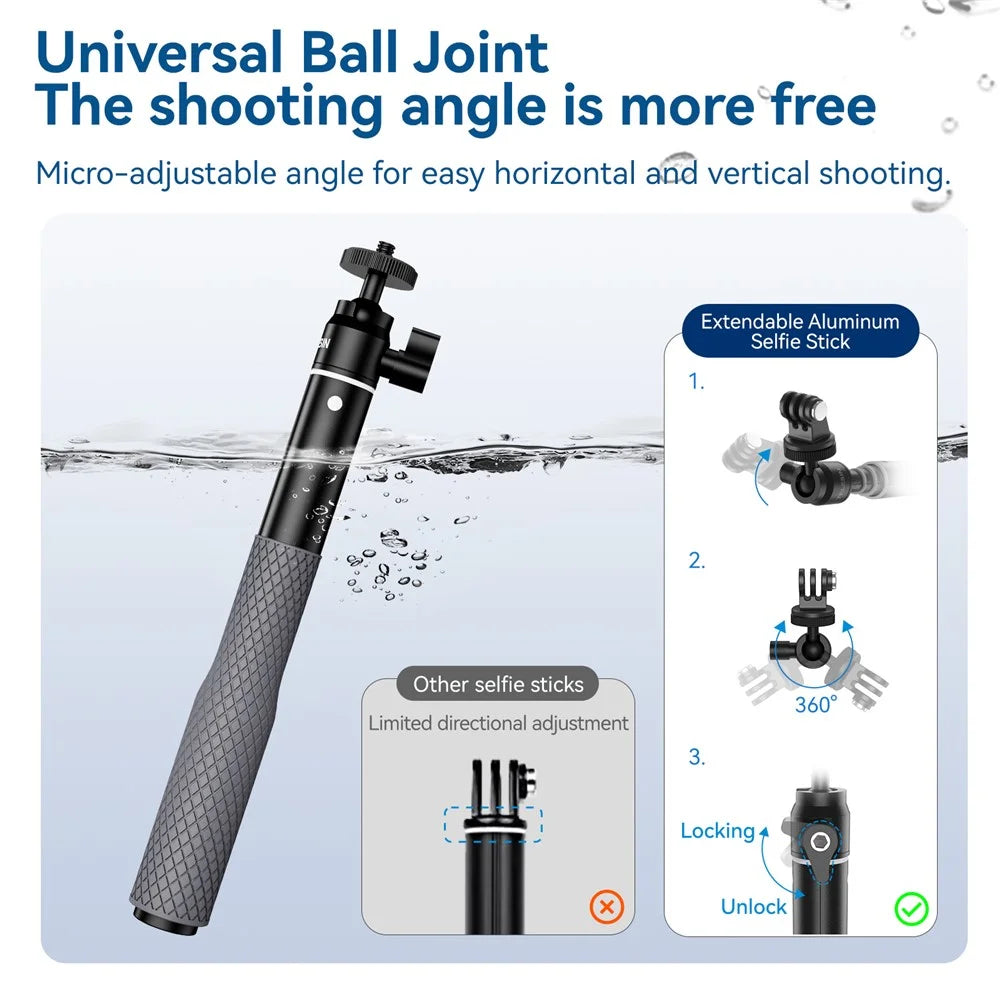 TELESIN WSS-001 Aluminum Alloy Waterproof Gimbal Selfie Stick for Diving, Snorkeling Extension Stick for GoPro Hero - 5