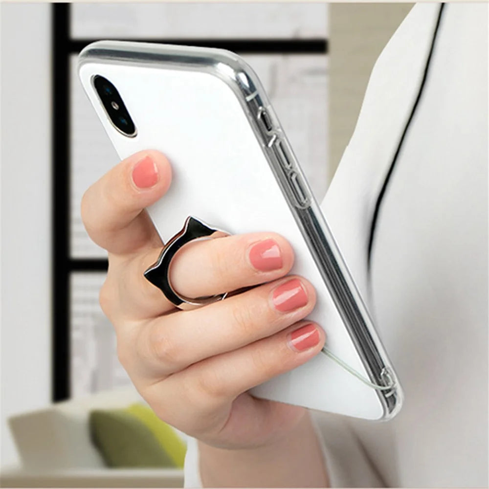 2-in-1 Cat Head Finger Ring Phone Kickstand Cellphone Anti-drop Lanyard Hand Rope - Black - 2