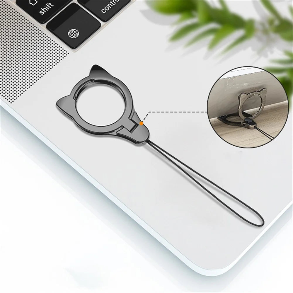 2-in-1 Cat Head Finger Ring Phone Kickstand Cellphone Anti-drop Lanyard Hand Rope - Black - 3