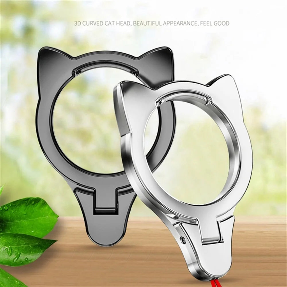 2-in-1 Cat Head Finger Ring Phone Kickstand Cellphone Anti-drop Lanyard Hand Rope - Black - 6