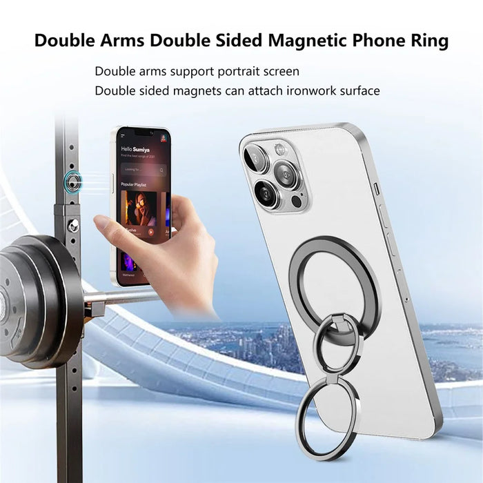 Double Ring Double Sided Magnetic Phone Ring Holder Ultra Strong Magnets 180° Flip Kickstand - Black - 2